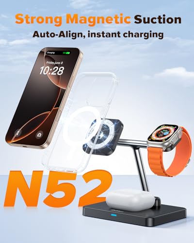 DUMTERR 3 in 1 Foldable Wireless Charging Station for Apple iPhone 16/15/14/13/12 - Safety Protection for Mag-Safe Char