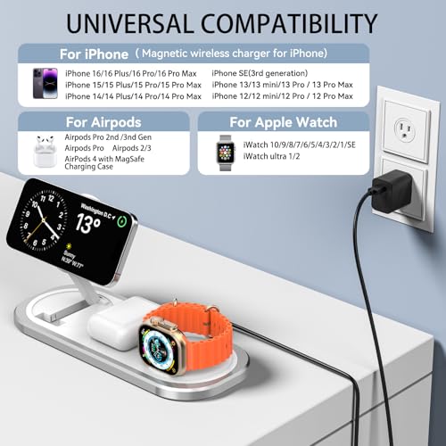 3 in 1 Wireless Charger for iPhone and Apple Watch (Silver) Foldable Charging Station for Magsafe Users
