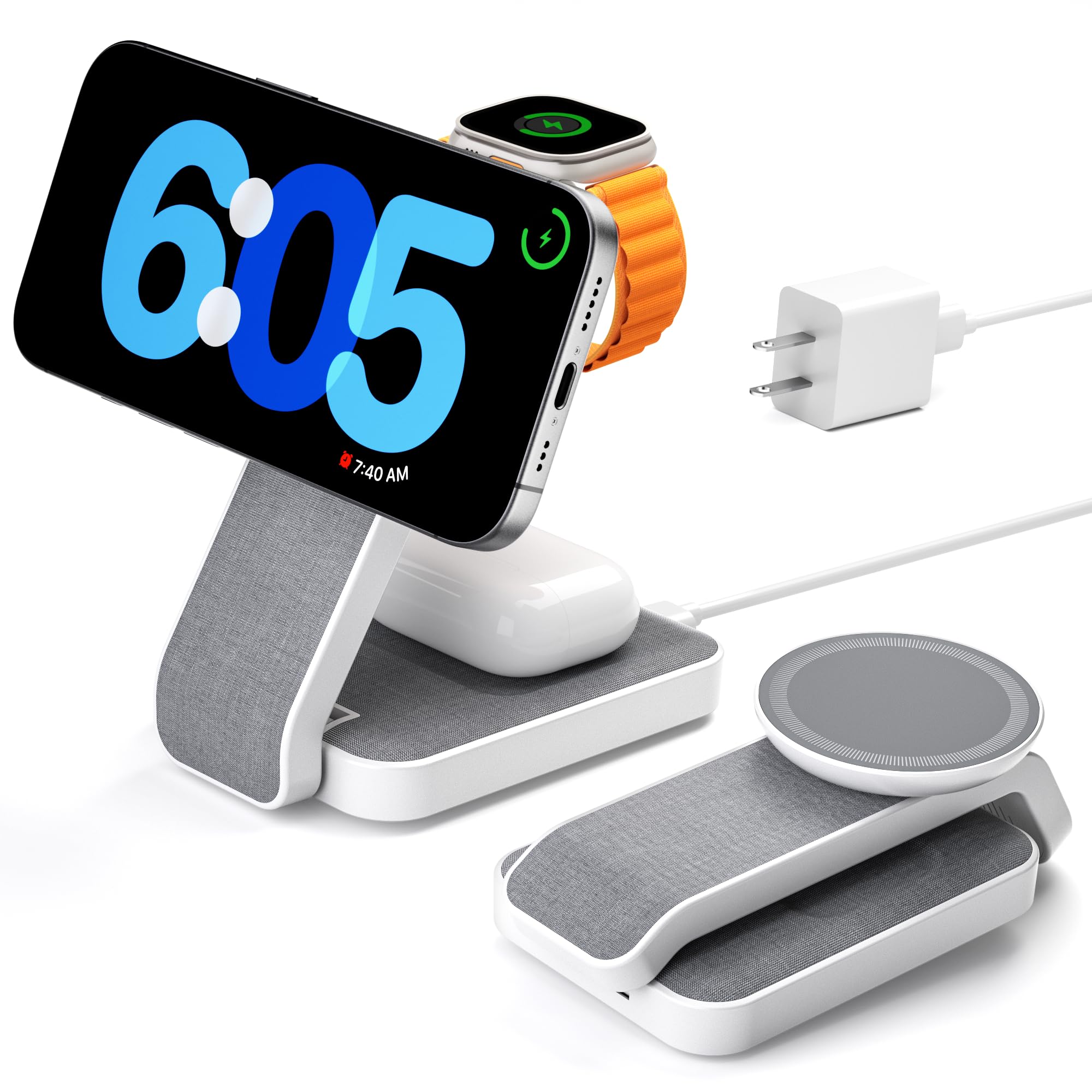 3 in 1 Foldable Wireless Charging Station with Night Light for iPhone 15 14 13 Pro Max, Nightstand Dock for Apple Watch/